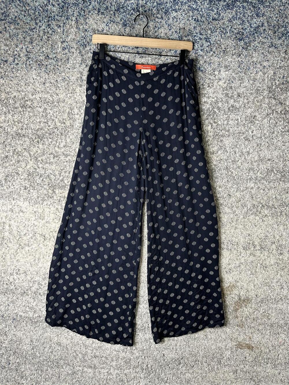 Cartonnier Pants Womens 4 Navy Blue Polka Dot Wide Leg Pull On Crepe Casual